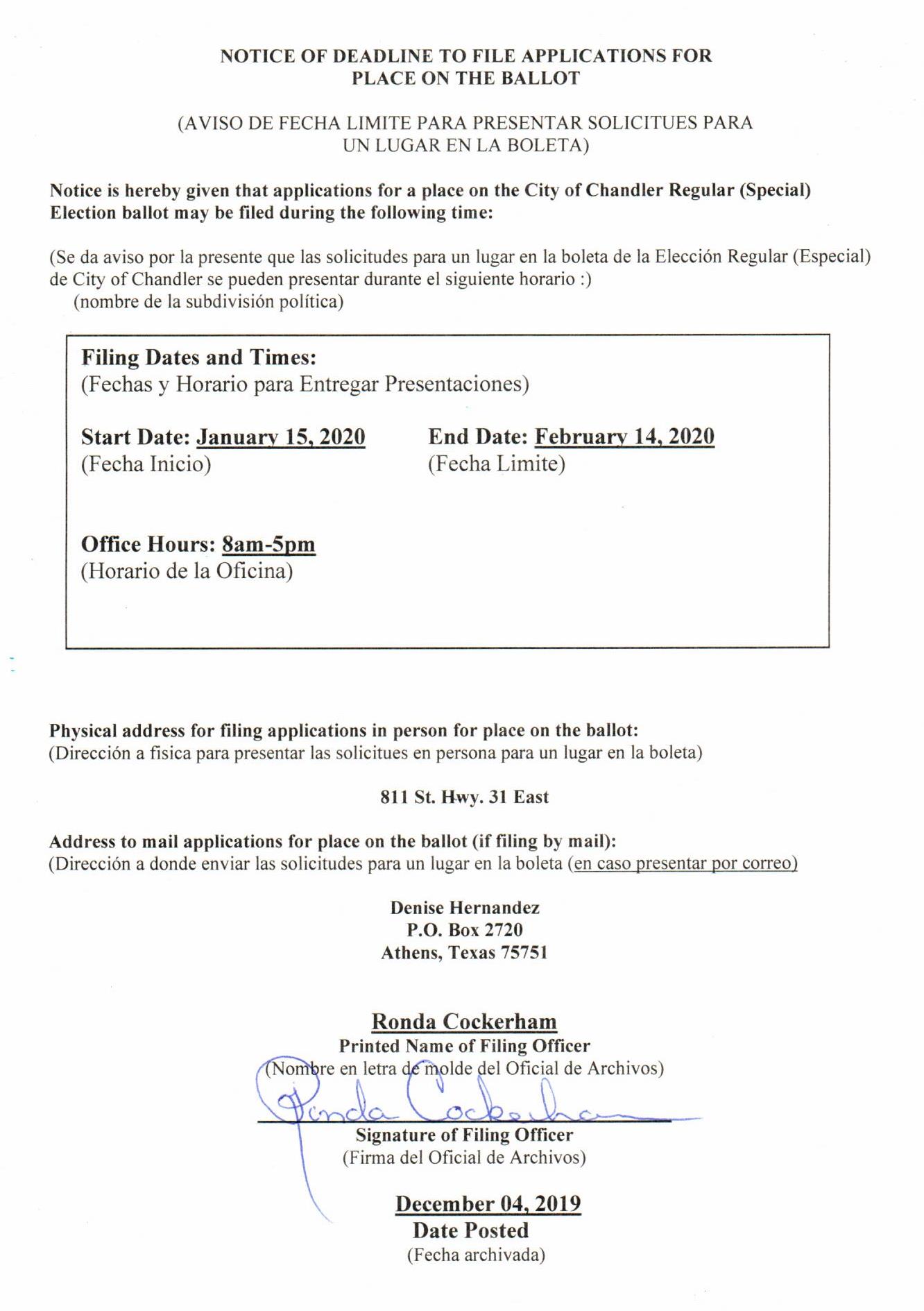 Notice of Deadline to File App for Plc on Ballot
