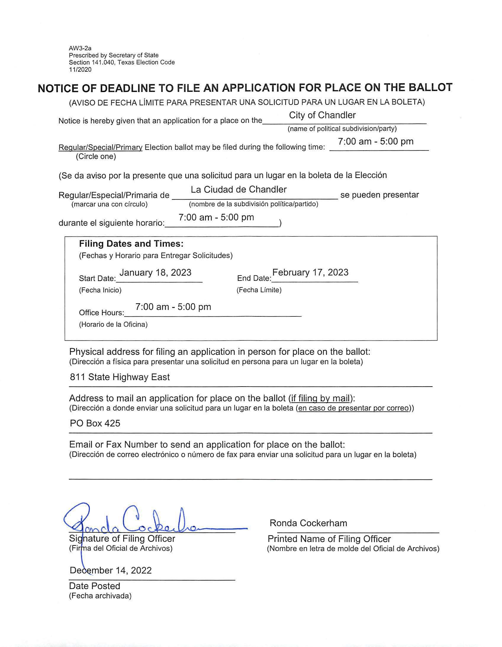 Notice of Deadline to File an Application for Place on the Ballot - Executed